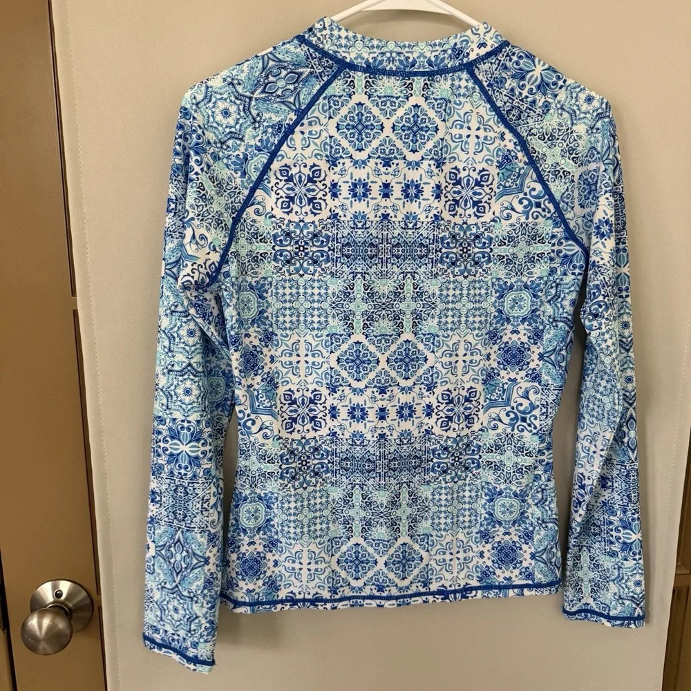 Aqua Et Sol Womens Small Blue White Medallion 1/2 Zip Long Sleeve‎ Rash Guard